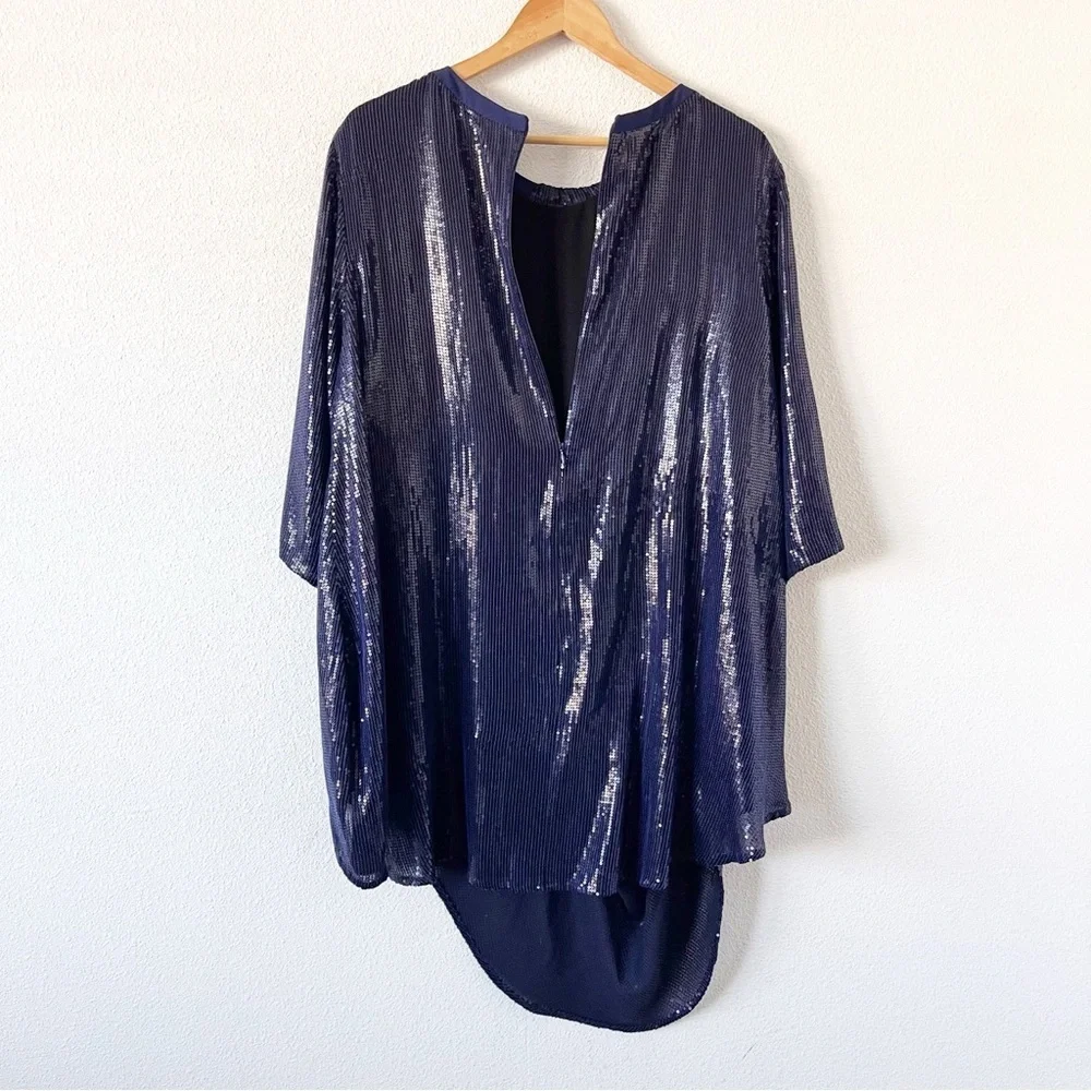 Lafayette 148 New York Navy Silk Sequin Asymmetrical Tunic Dress Cocktail Party